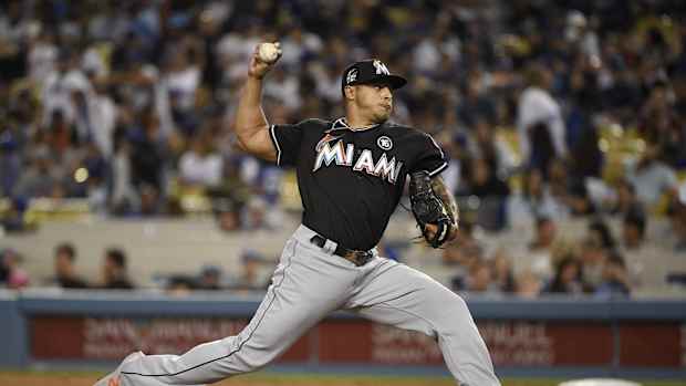 May 19, 2017; Los Angeles, CA, USA; Miami Marlins pitcher A.J. Ramos (44) pitches against the Los Angeles Dodgers during the eighth inning at Dodger Stadium. Mandatory Credit: Kelvin Kuo-USA TODAY Sports